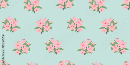 Seamless pattern with azalea flowers. Vector flat botanical background. Pink bouquets of rhododendron