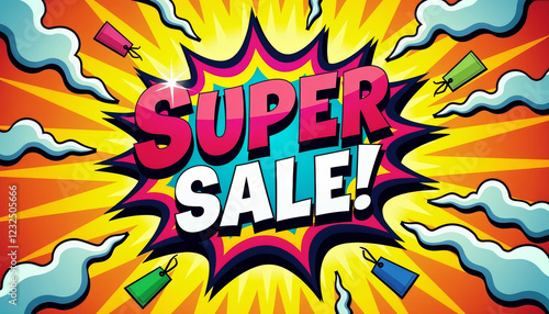 Playful Comic Book-Style Advertisement with Super Sale and Colorful Excitement