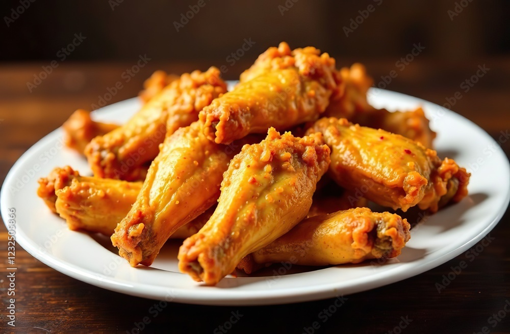 Cool beautiful fresh juicy cooked chicken wings in breading. Buffalo wings spread on food in white plate. Cooking with deep fryer fry machine. Cool beautiful fresh juicy cooked chicken wings in breading. Buffalo wings spread on food in white plate. Cooking with deep fryer fry machine.