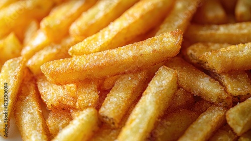 Close-up of crispy golden French fries piled together on a plate, showcasing their texture and color photo