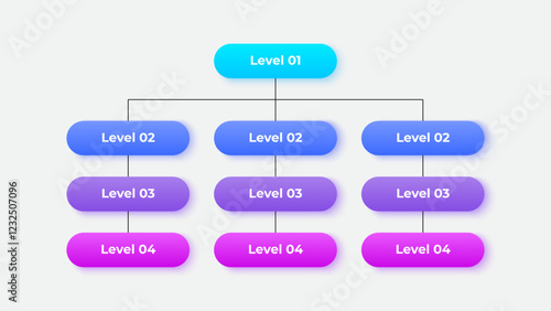Vertical business organizational chart infographic with 4 hierarchical levels. The top-level connects to 9 subordinate nodes