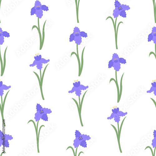 Seamless pattern with elegant purple iris flowers. Floral vector flat hand drawn background for textile design, scrapbooking, wrapping paper, etc.