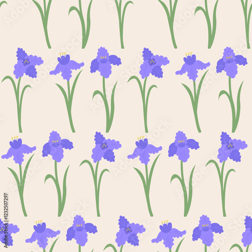 Seamless pattern with elegant purple iris flowers. Floral vector flat hand drawn background for textile design, scrapbooking, wrapping paper, etc.