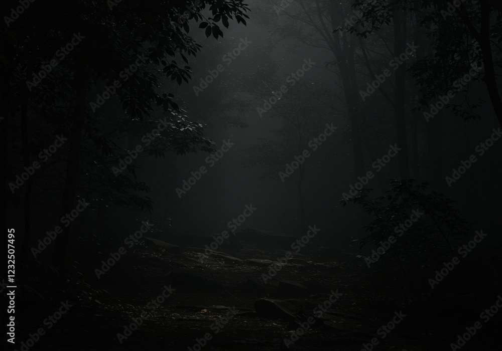 Fototapeta premium Mysterious Dark Forest Path Enveloped in Fog