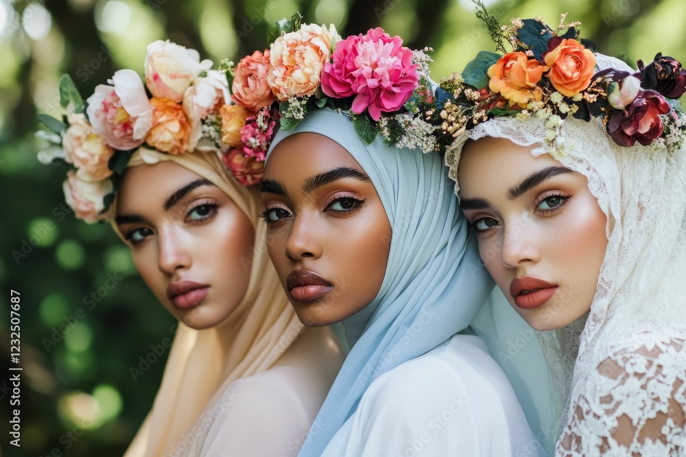 Obraz premium Three women wear flower crowns and headscarves.