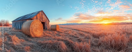 A scenic view of stacked hay bales in a farm landscape, illuminated by the vivid colors of a summer sunrise near Pincher Creek, Alberta, Canada