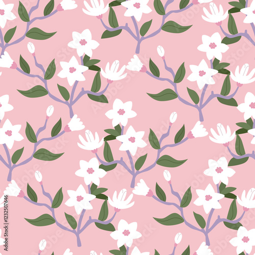 Seamless pattern with magnolia flower branches. Floral vector flat background. Elegant botanical backdrop for textile design, scrapbooking, wrapping paper, etc.