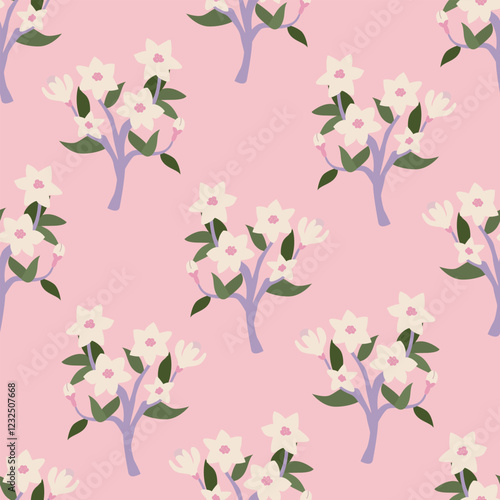 Seamless pattern with magnolia flower branches. Floral vector flat background. Elegant botanical backdrop for textile design, scrapbooking, wrapping paper, etc.