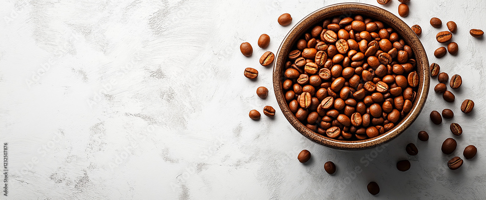 Coffee beans and a coffee cup on a white background, a flat lay banner with copy space for a design template stock photo contest winner, flat lay photography, minimalistic stock photo, flat lay mockup Coffee beans and a coffee cup on a white background, a flat lay banner with copy space for a design template stock photo contest winner, flat lay photography, minimalistic stock photo, flat lay mockup