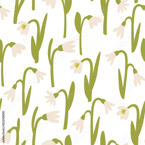 Spring seamless pattern with snowdrop flowers. Vector flat background in naive style. Elegant botanical illustration
