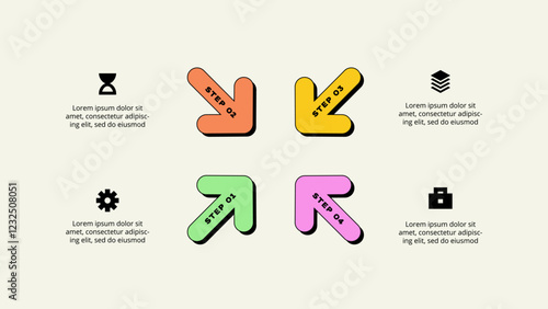 Neobrutalism arrows in a step-by-step layout paired with descriptive visual icons on a light background. Useful for illustrating processes, workflows, or timelines in presentations or documents