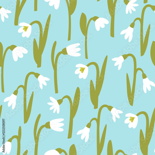 Spring seamless pattern with snowdrop flowers. Vector flat background in naive style. Elegant botanical illustration