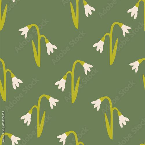 Spring seamless pattern with snowdrop flowers. Vector flat background in naive style. Elegant botanical illustration