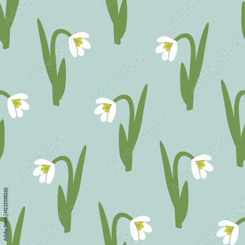 Spring seamless pattern with snowdrop flowers. Vector flat background in naive style. Elegant botanical illustration