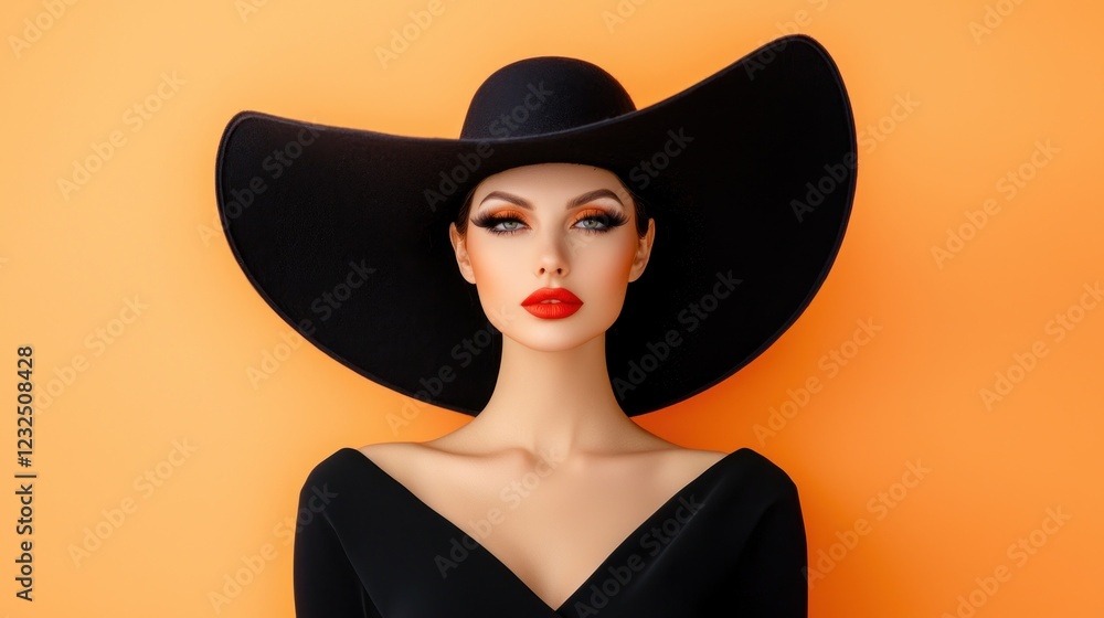 Elegant Woman in Black Dress and Wide Brim Hat Against Orange Background