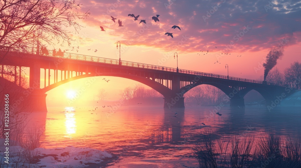 Scenic Sunset Over Bridge with Birds and Calm Water Reflections Scenic Sunset Over Bridge with Birds and Calm Water Reflections