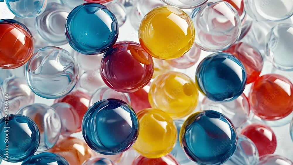 Colorful glass marbles scattered on a white surface, reflecting light and creating vibrant patterns Colorful glass marbles scattered on a white surface, reflecting light and creating vibrant patterns