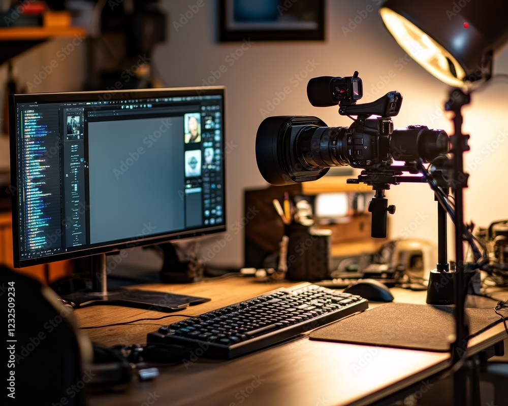 Fototapeta premium Camera and Computer Setup for Creative Project in Modern Workspace