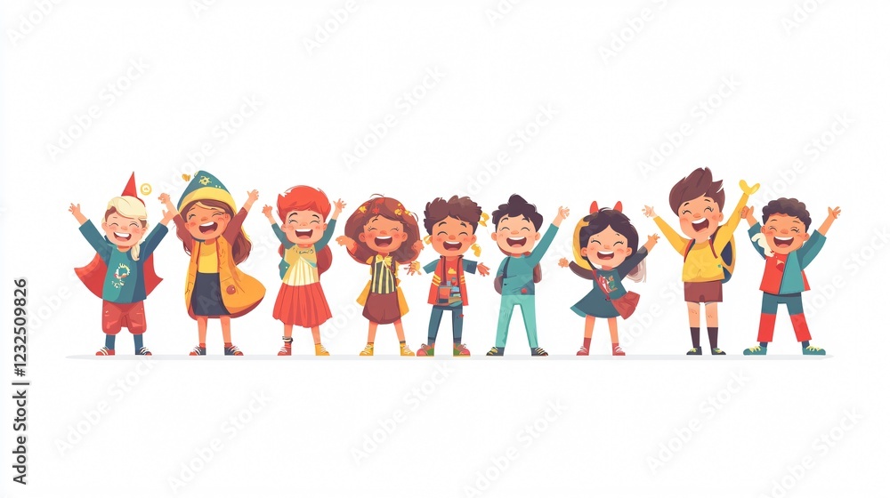 Joyful Children in Fun Costumes Flat Vector Illustration for Adobe Stock Joyful Children in Fun Costumes Flat Vector Illustration for Adobe Stock