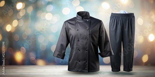 Elegant Black Chef Uniform Mockup: Toque, Coatee & Pants, Bokeh Background photo