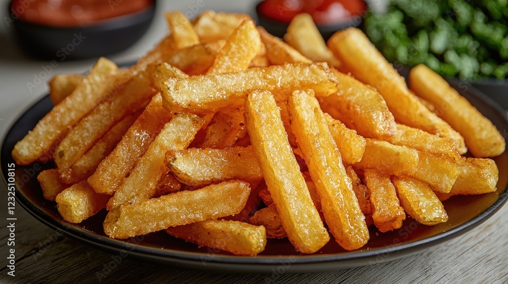 Crispy golden French fries served on a black plate with dips and fresh greens in the background Crispy golden French fries served on a black plate with dips and fresh greens in the background