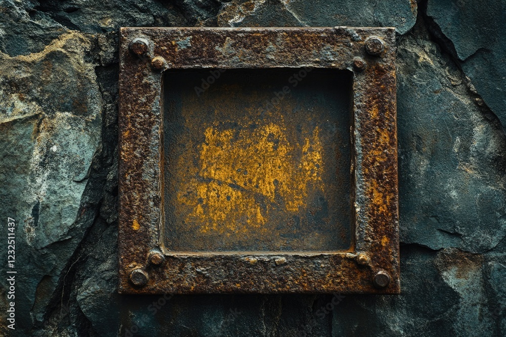 Rusty metal frame with yellow substance inside Rusty metal frame with yellow substance inside