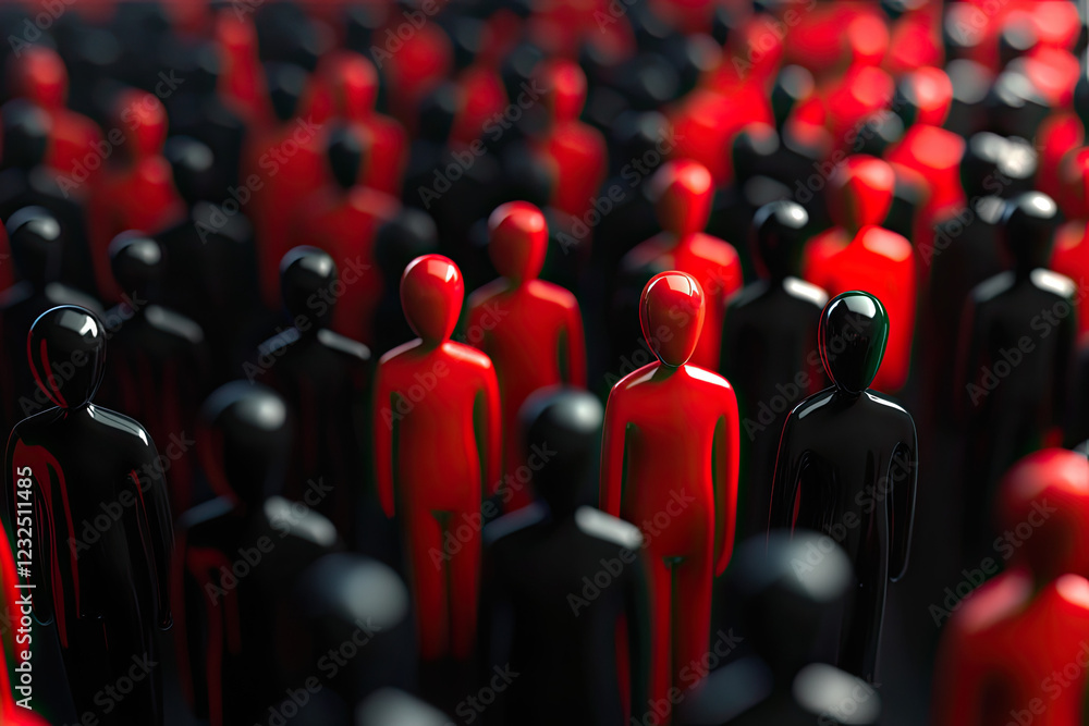 Fototapeta premium Red and black figures symbolizing insider threats within a crowd