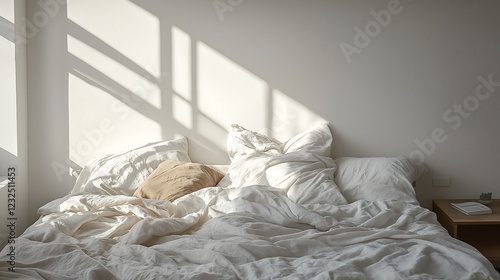 An unmade bed with wrinkled sheets and pillows scattered, showing a room in need of tidying.