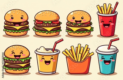 Colorful set of fast food cartoon characters - cute animated food and drinks with happy faces including burgers, fries and drinks