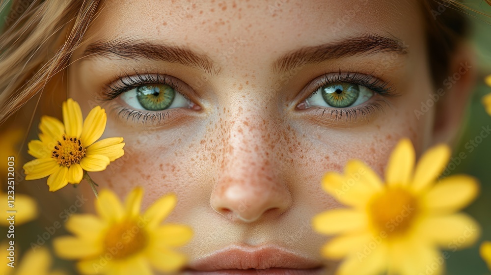 Freckled woman, green eyes, yellow flowers, nature background, beauty portrait Freckled woman, green eyes, yellow flowers, nature background, beauty portrait