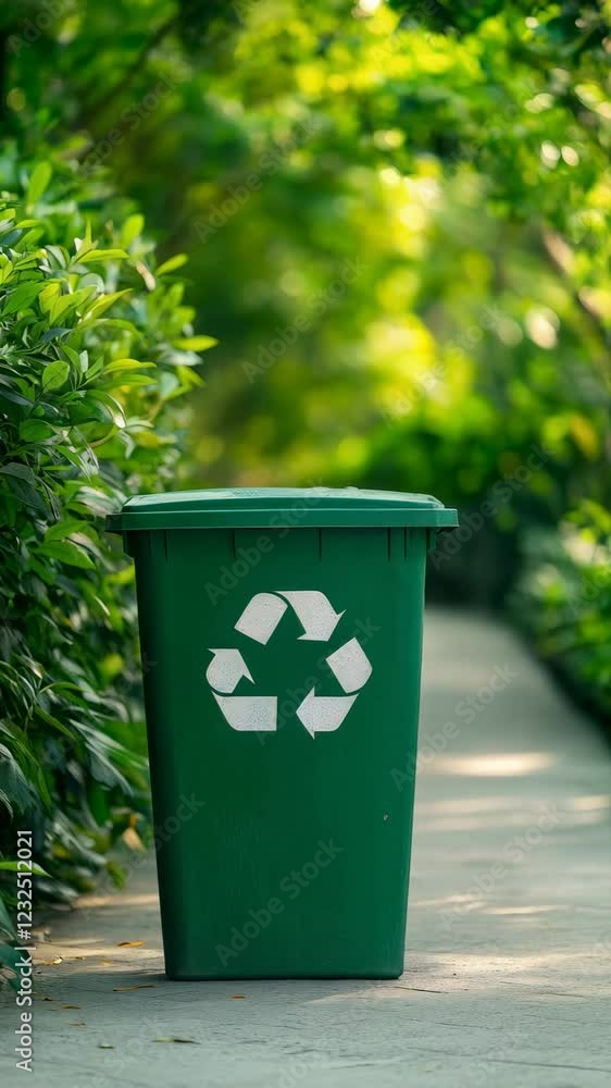 Multiple green recycling bins with white recycling symbols stand beside a paved path in a lush green park, emphasizing waste management and eco friendly practices