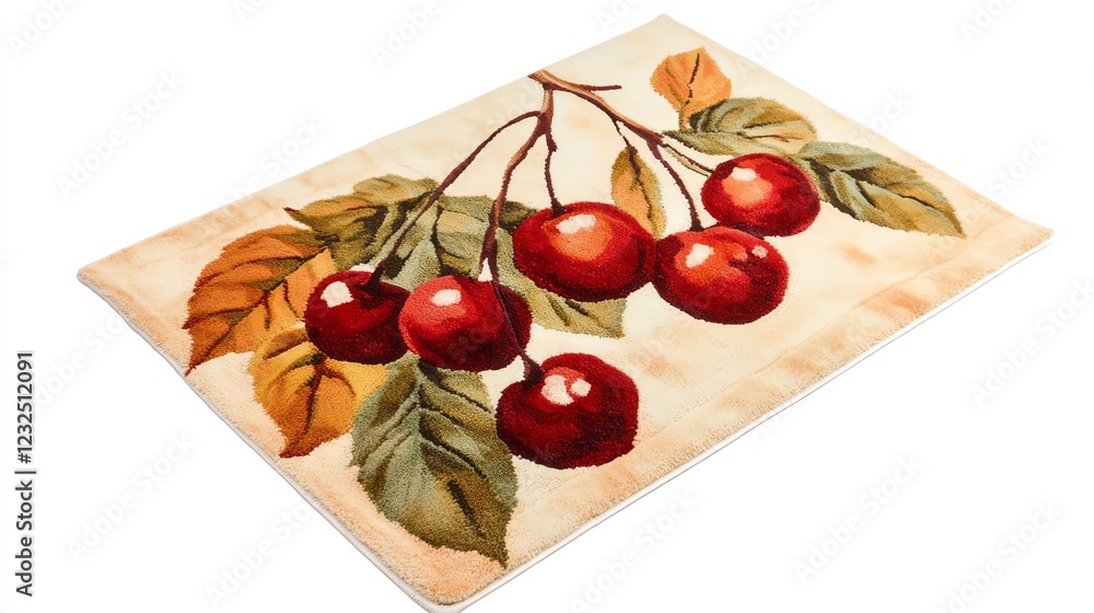 Decorative rug featuring vibrant cherry branch with leaves on a light background. Decorative rug featuring vibrant cherry branch with leaves on a light background.