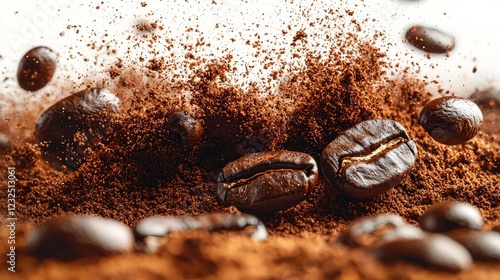 Full body shot of an artistic photo taken in slow motion, showcasing coffee grounds pouring from a grinder, framed on a white background