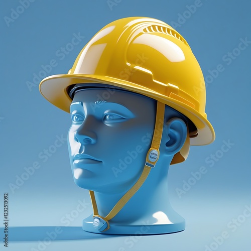 Yellow safety hard hat. The worker's safety hat illustration. Safety helmet isolated onblue background.  photo