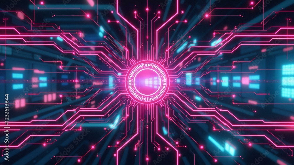 Fototapeta premium A futuristic cyberpunk interface featuring hot pink and cyan hues, interconnected neon circuits, holographic displays, and flowing data streams.