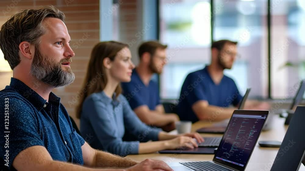 A group of software engineers working together on a collaborative project. A group of software engineers working together on a collaborative project.
