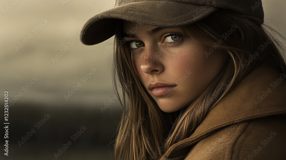 A moody, artistic portrait of a young woman in an oversized coat and a casual cap, with a slight tilt to her head and an enigmatic expression A moody, artistic portrait of a young woman in an oversized coat and a casual cap, with a slight tilt to her head and an enigmatic expression