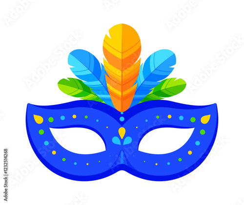 Blue Brazilian carnival mask with colorful feathers and festive decorative elements. Mardi Gras, festival, party, celebration, costume concept. Flat vector illustration isolated on white background