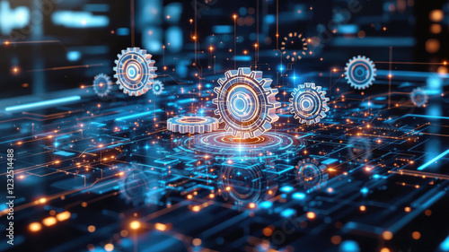 Future-Oriented Digital Technology Illustration with Floating Gear Mechanisms