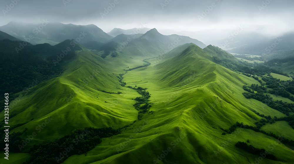 Fototapeta premium Aerial view of lush green valley, mountains, cloudy sky, nature backdrop