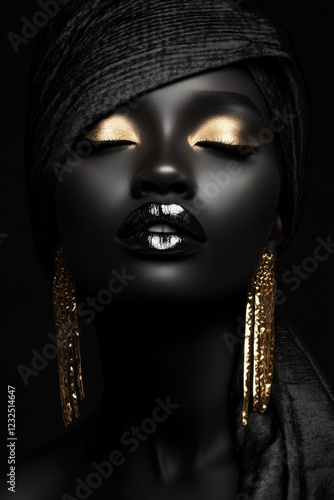 Elegant Fashion Portrait of a Woman with Gold Makeup and Jewelry