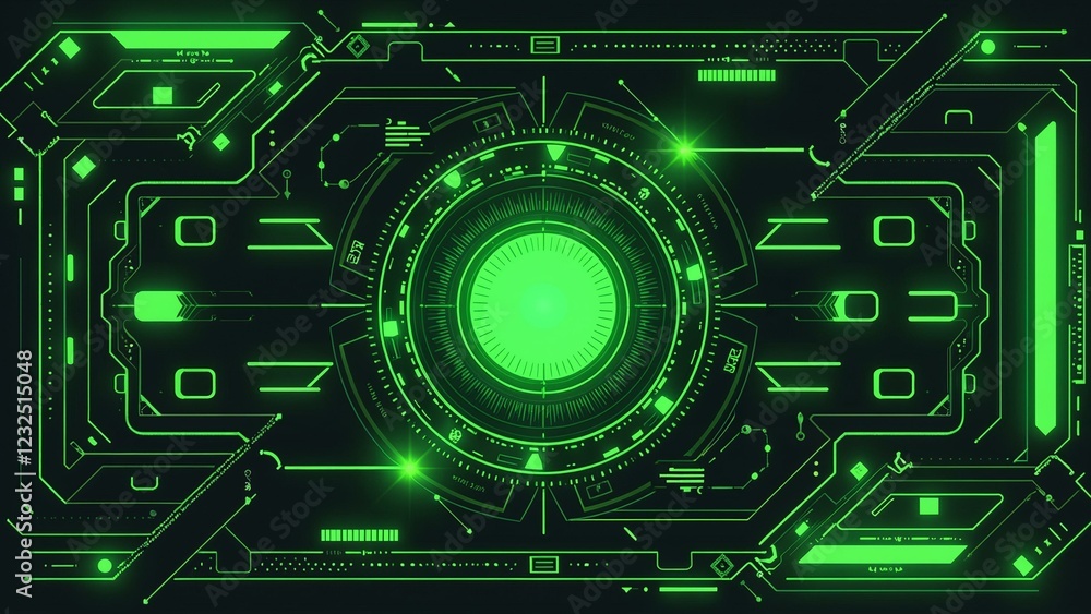 A futuristic dashboard with neon lights, holographic projections, and circuitry in a central symmetrical composition.