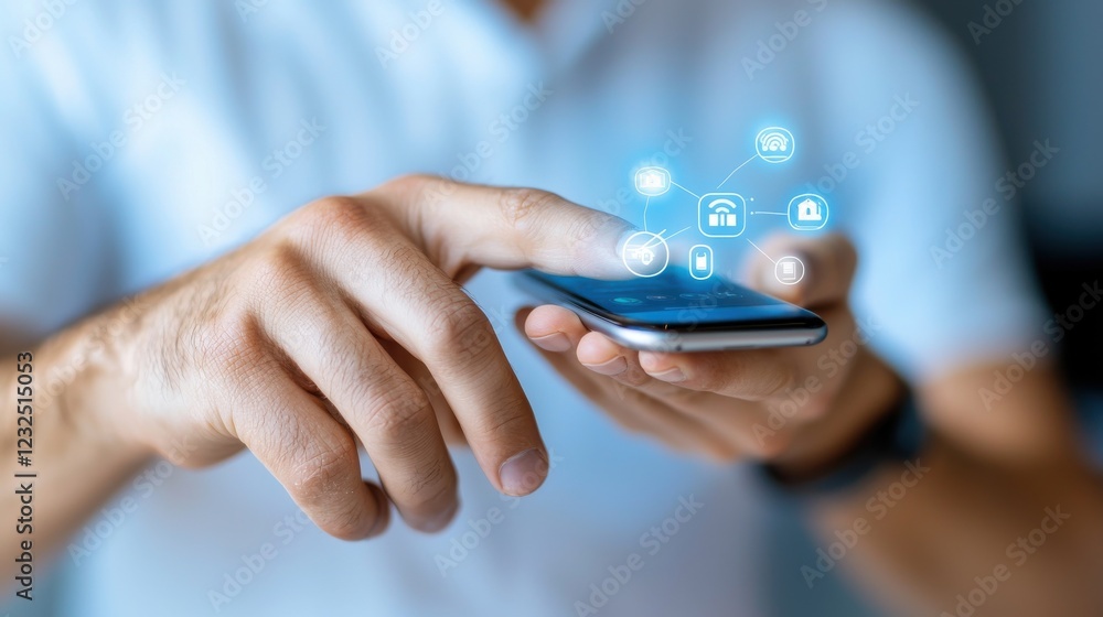 Hands of a person using a smartphone in a bright and modern living room or home interior Concept of digital communication technology online connectivity Hands of a person using a smartphone in a bright and modern living room or home interior Concept of digital communication technology online connectivity