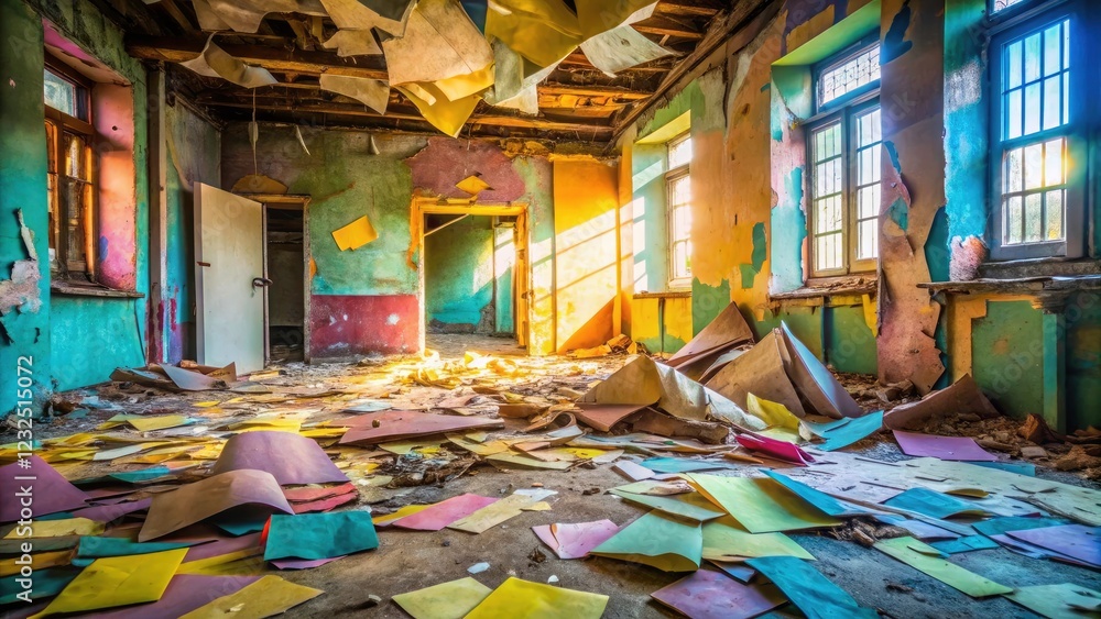 Fototapeta premium Abandoned building's pastel decay: geometric forms revealed in urban exploration photography.