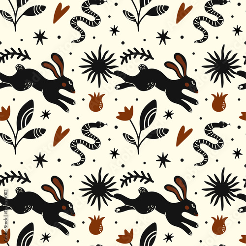 Abstract folk art seamless pattern with vector illustration of various woodland leaf branches, flowers, rabbit, hare, sun and moon in retro cartoon ethnic scandinavian boho style, aesthetic. 