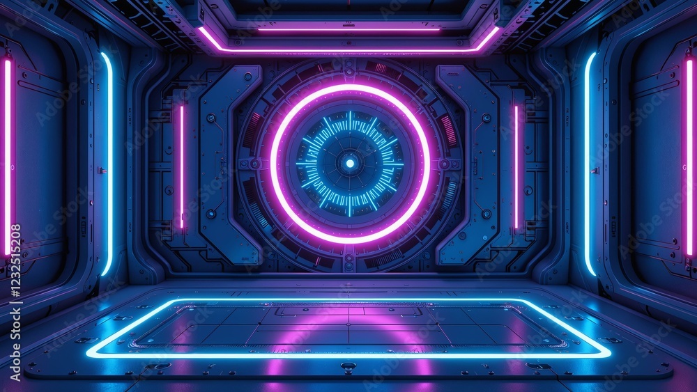 A minimalist futuristic interface features electric blue-purple hues, neon lights, holographic projections, and circuitry elements in a central symmetrical composition. A minimalist futuristic interface features electric blue-purple hues, neon lights, holographic projections, and circuitry elements in a central symmetrical composition.