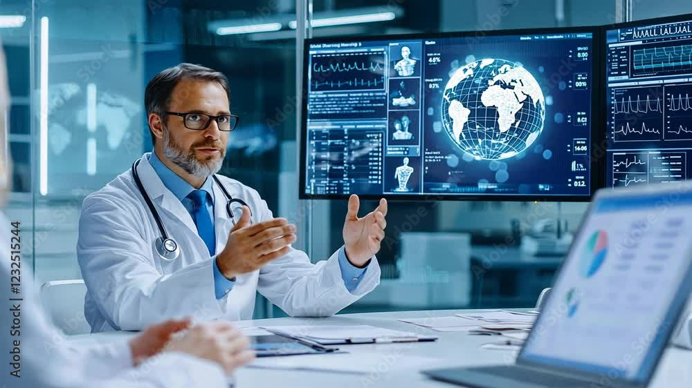 Futuristic telemedicine hub featuring a virtual consultation in a sleek, high-tech setting. Futuristic telemedicine hub featuring a virtual consultation in a sleek, high-tech setting.