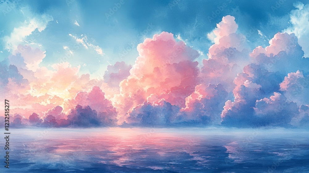 Soft Pastel Clouds Reflecting on the Calm Sea. Generative AI Soft Pastel Clouds Reflecting on the Calm Sea. Generative AI