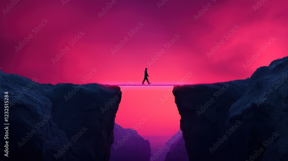 Individual Walking on Imaginary Bridge at Sunset in Surreal Landscape Individual Walking on Imaginary Bridge at Sunset in Surreal Landscape