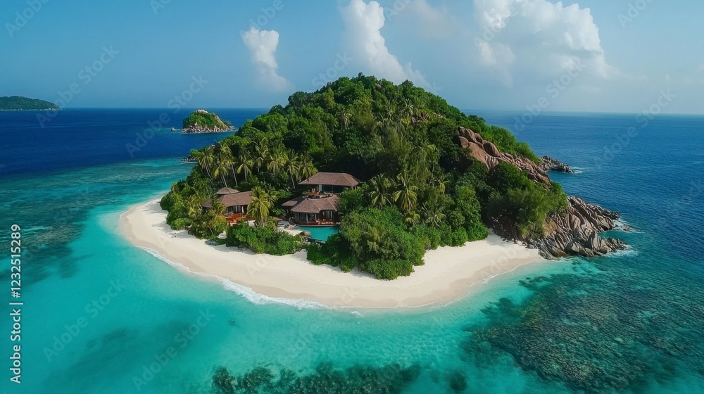 Naklejka premium Aerial footage of a tropical island with turquoise waters, white sandy beaches, and lush palm trees